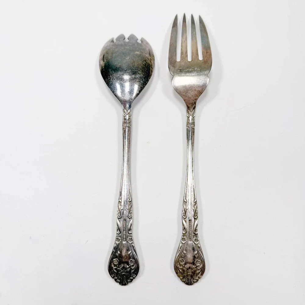Floral Salad‎ Serving Fork & Spoon Set - Vintage 1920s-40s Nickel Silver Ornate
